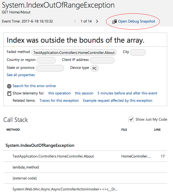 How to open snapshot debugger on Azure portal.