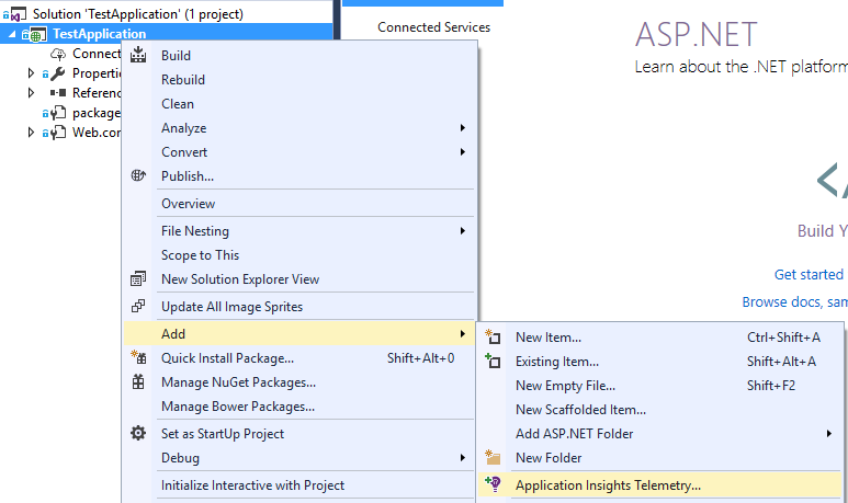 Shows how to add application insights to an asp.net project.